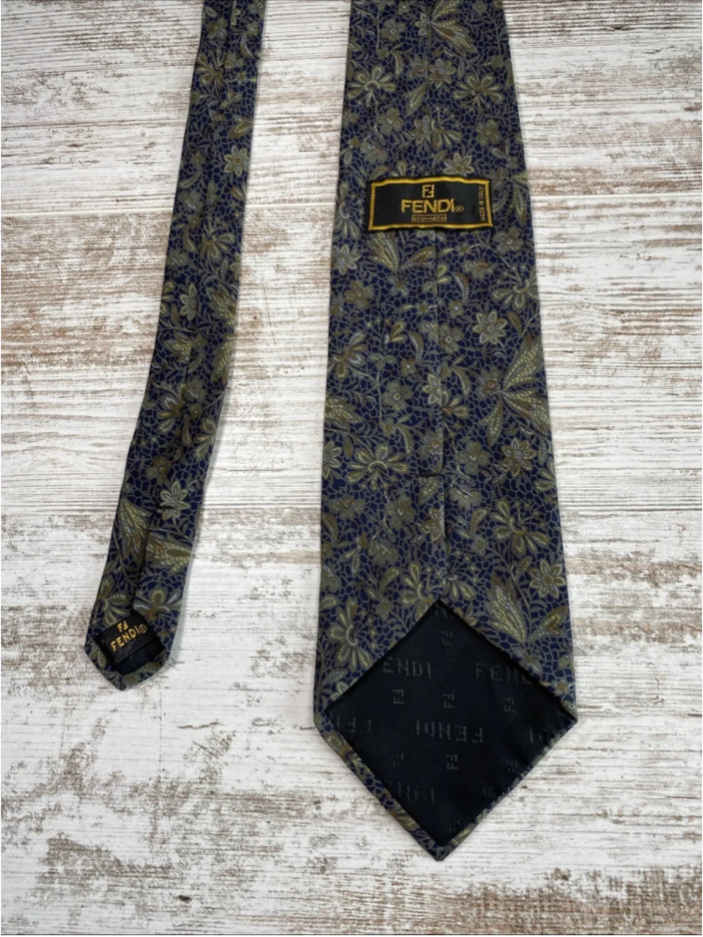 Vintage Fendi Cravatte Silk Tie Floral Navy Blue Gold Made in Italy 57” x 3.75”